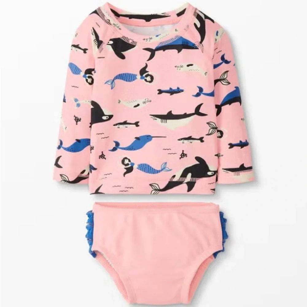 Hanna Anderson Pink and Blue Rashguard Swim Top Only with Whale Print 3-6 Months
